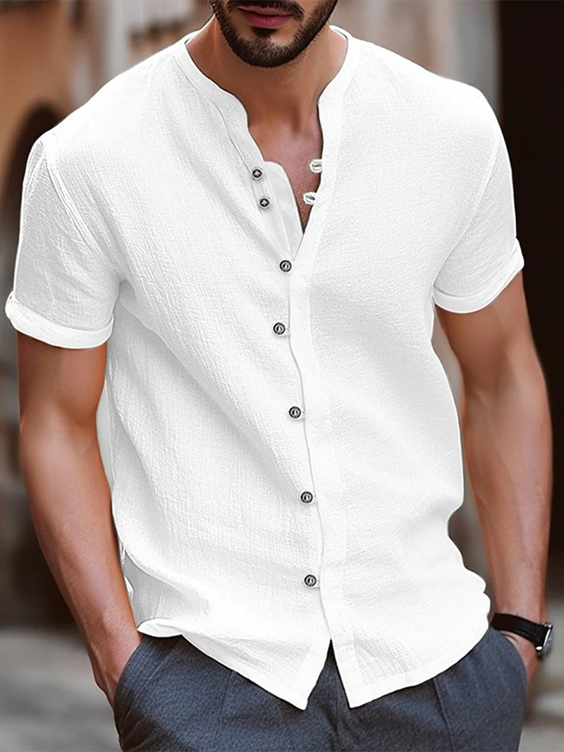 Men's Vintage Button Cotton Linen Casual Short Sleeve Shirt