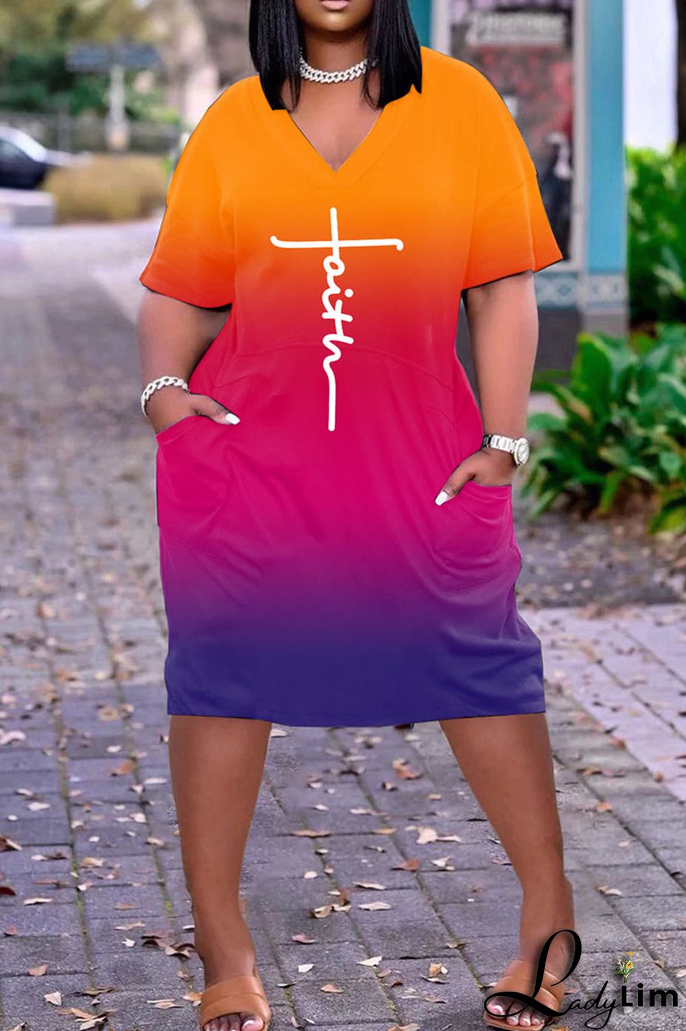 Blue Fashion Casual Print Patchwork V Neck Short Sleeve Dress