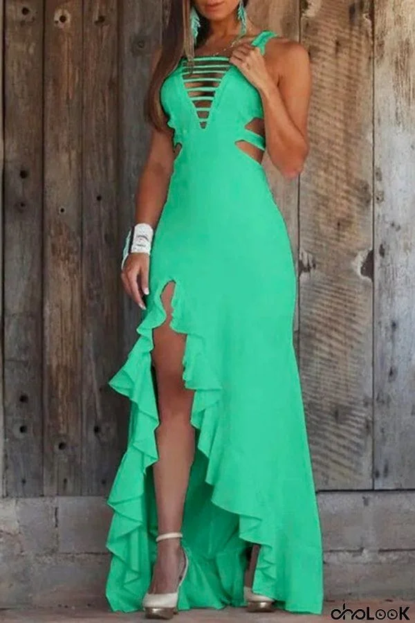 Deep V Neck Cut Out Slit Maxi Ruffle Swing Dress