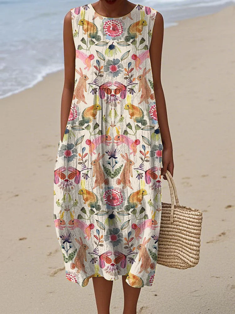 Women's Art Gradient Flowers And Birds Print Sleeveless Cotton Pocket Wrap Dress