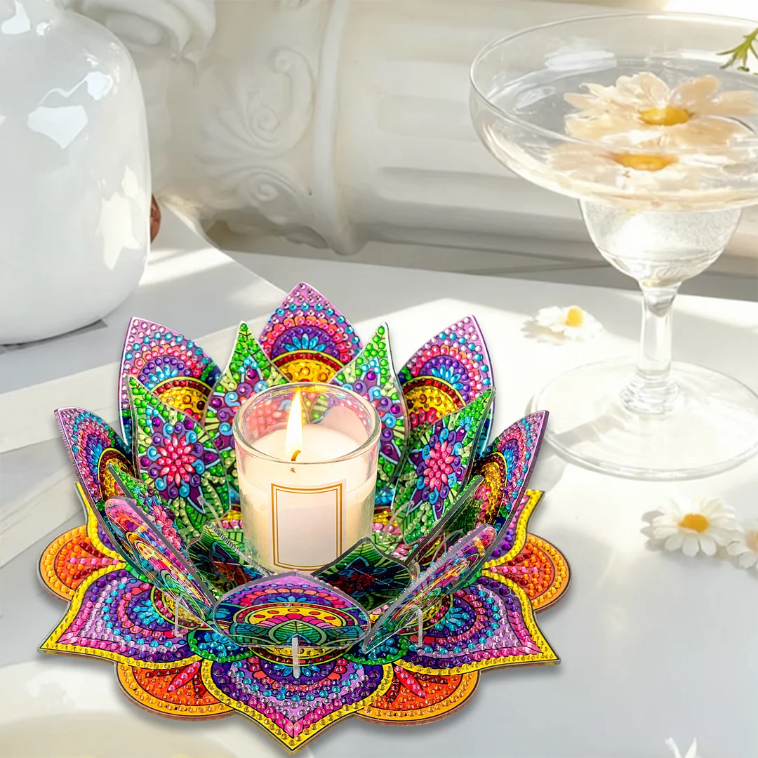 5D DIY Diamond Art Painting DIY Acrylic Desktop Ornament Flower Candle Holders Tealight Handmade Home Office Decor for Adults Beginners ( Purple and Yellow Lotus)