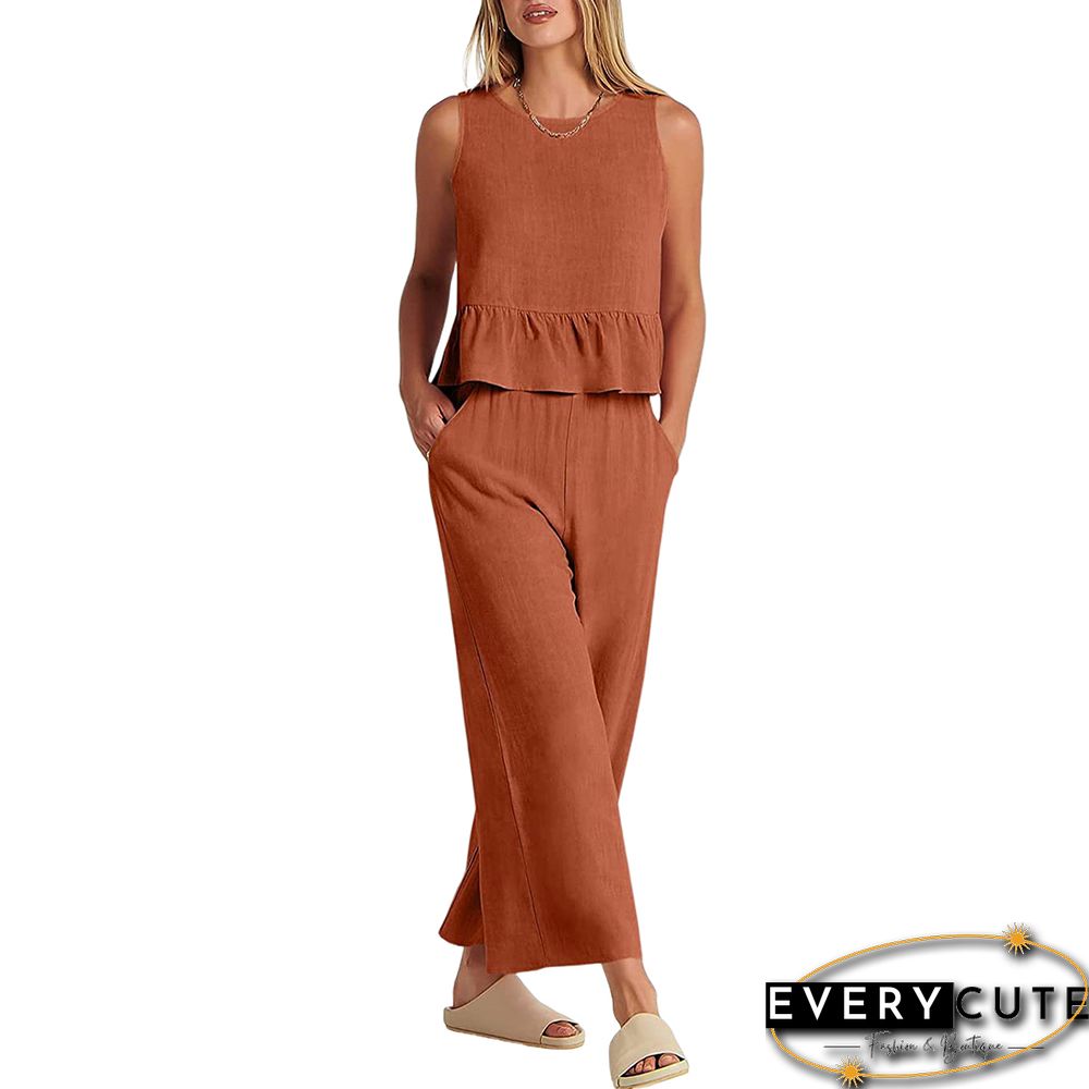 Orange Sleeveless Pleated Tank and Wide Leg Pants set