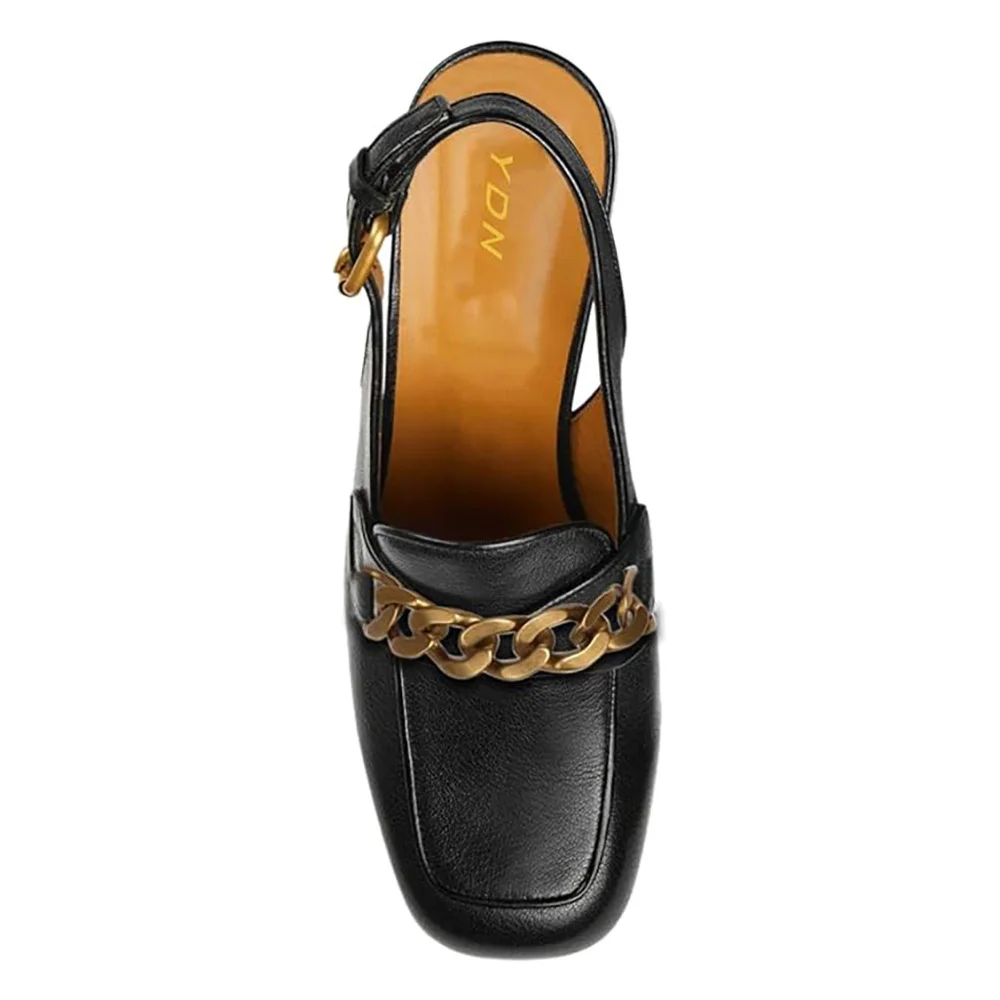 Black Square Toe Chain Decor Slingback Platform Loafers Women