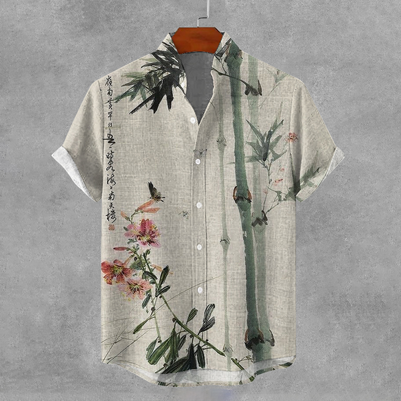 Men's Vintage Bamboo Floral Oil Painting Art Print Casual Shirt  artssus
