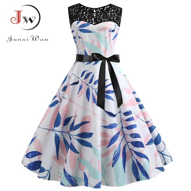 Lace Patchwork Floral Print Women Summer Dress Hepburn 50s 60s Elegant Vintage Dress Office Ladies A-Line Party Dresses Belt