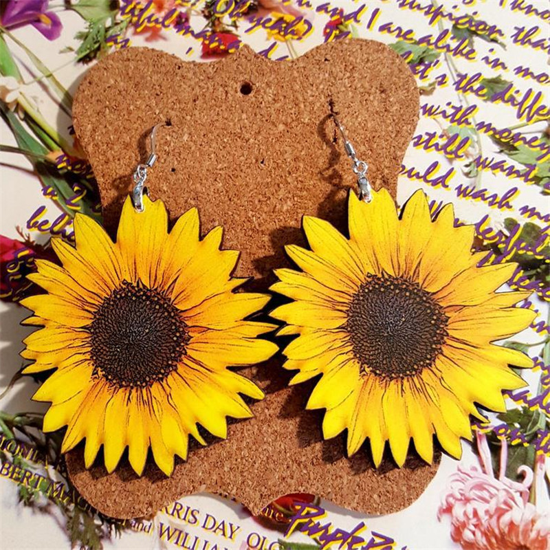Vintage Yellow Wooden Stereo Sunflower Earrings 2024 - Flycurvy 