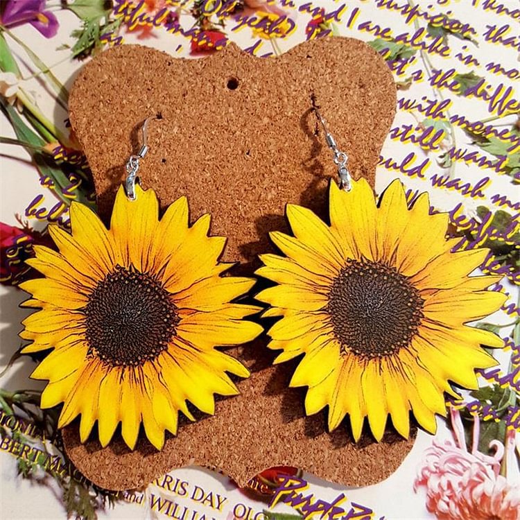 Vintage Yellow Wooden Stereo Sunflower Earrings  Flycurvy [product_label]