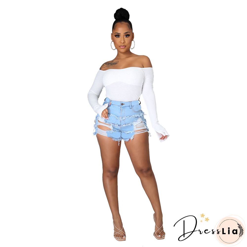 Summer Sexy Patchwork Women Ripped High Waist Holes Stretch Streetwear Plus Size Denim