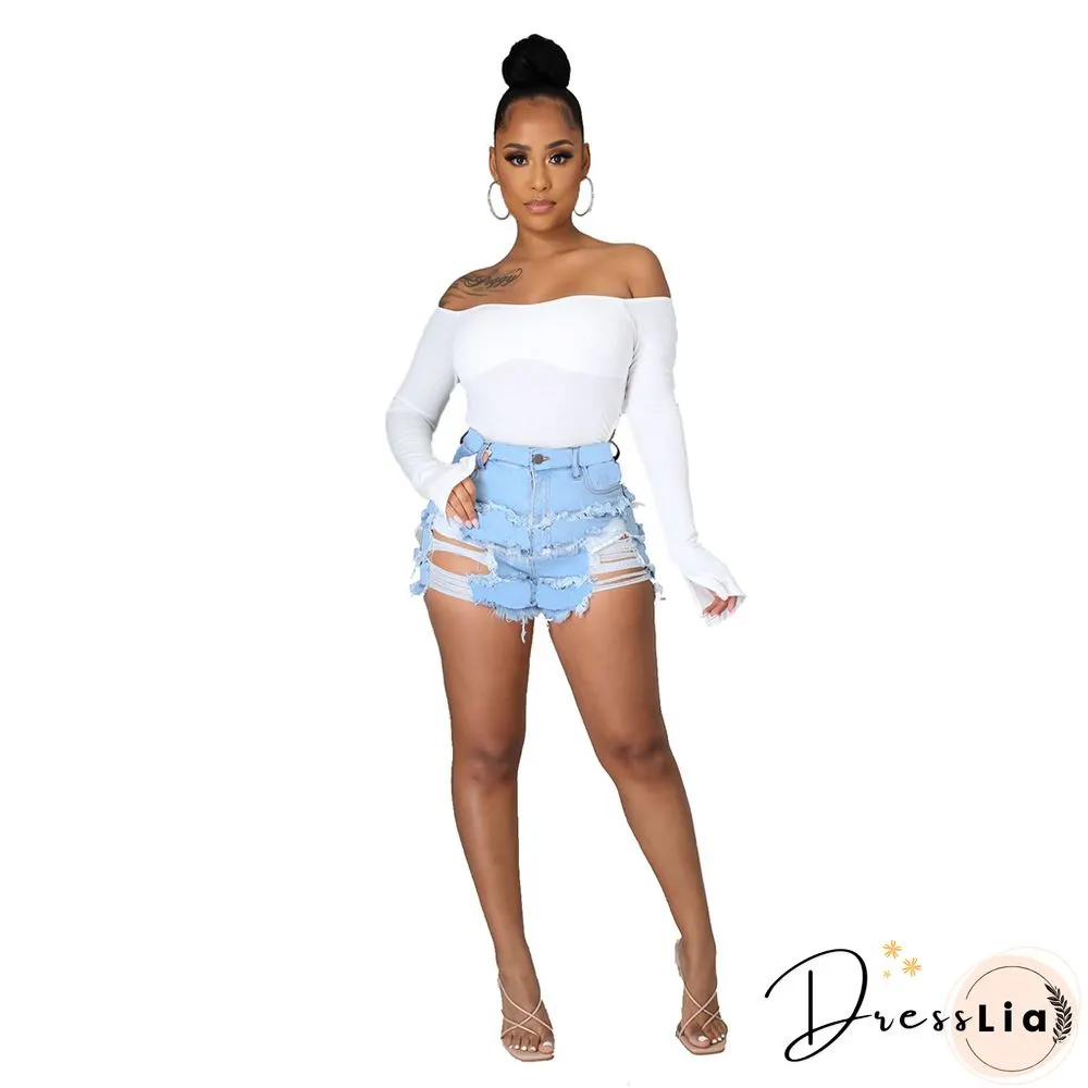 Summer Sexy Patchwork Women Ripped High Waist Holes Stretch Streetwear Plus Size Denim