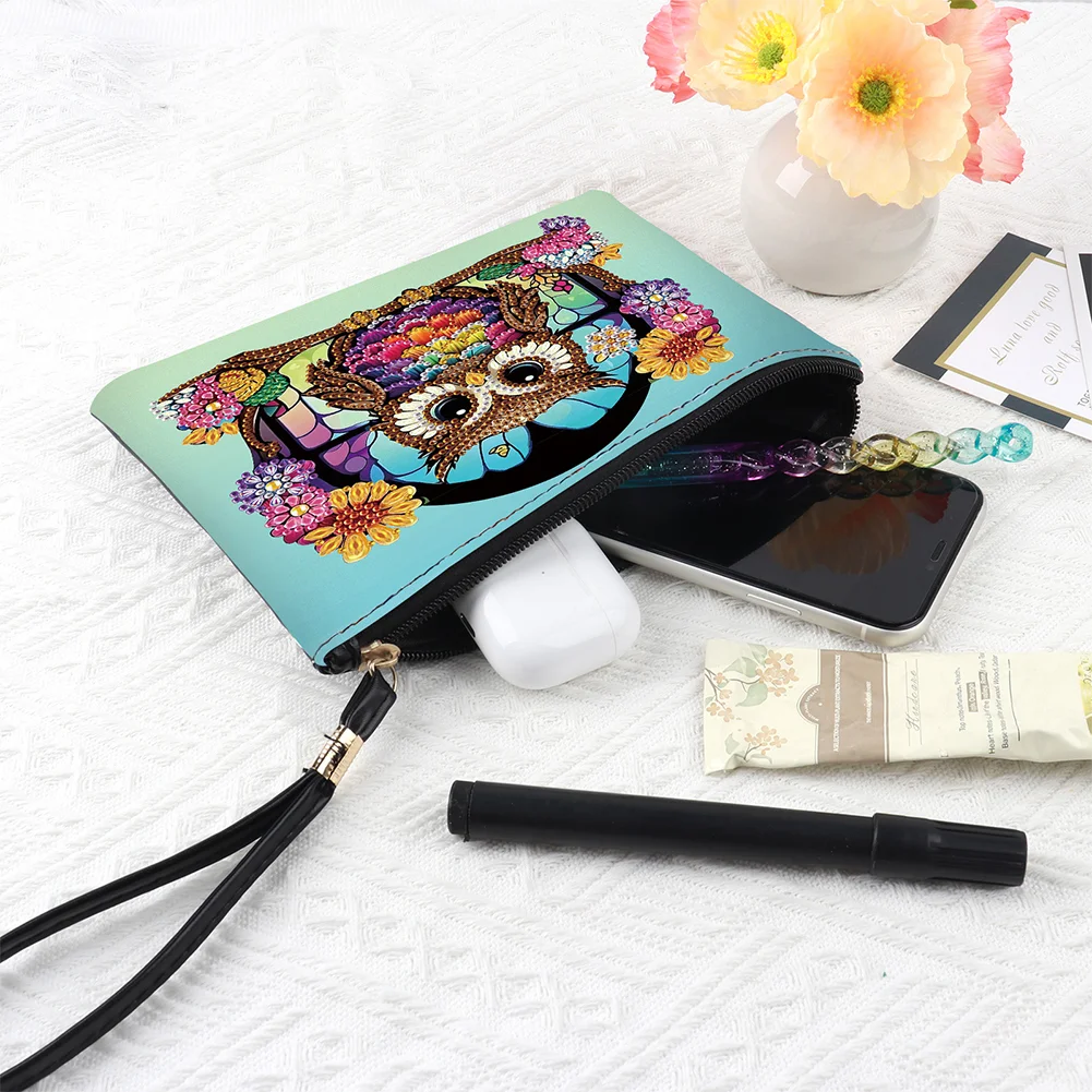 DIY Owl PU Partial Special Shaped Diamond Painting Wallet Makeup Bag