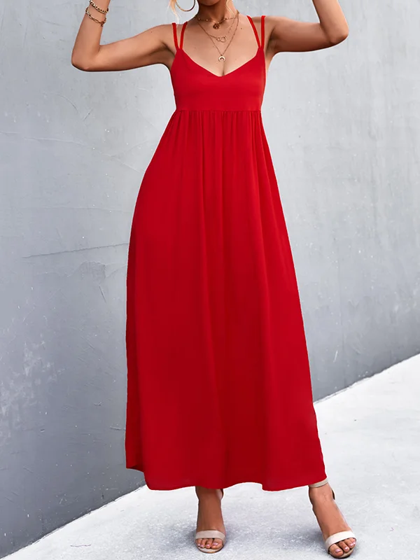 Backless Solid Color Tied A-Line High Waisted Deep V-Neck Slip Dress Midi Dresses