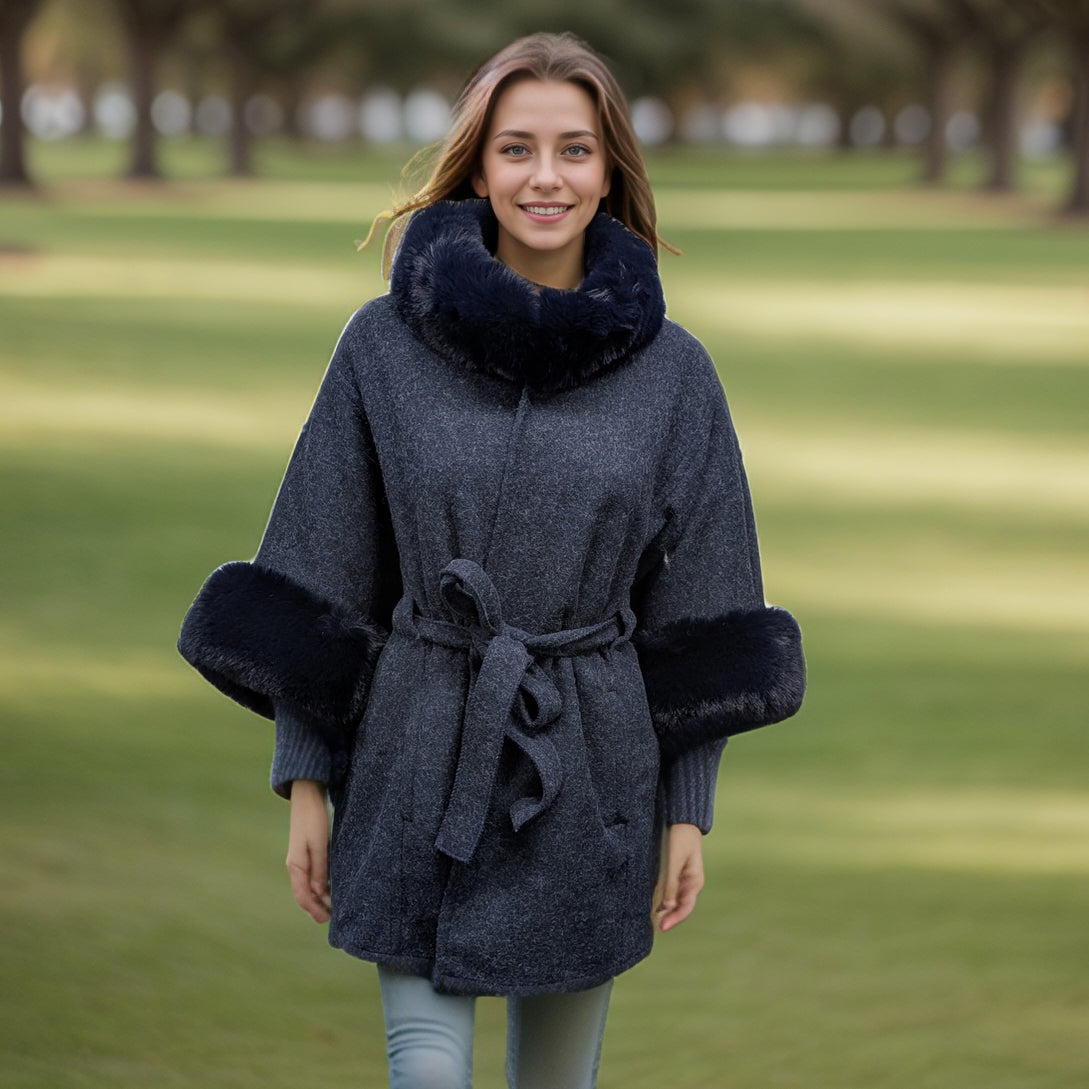 Faux Fur Trimmed Belted Jacket (with pockets) - Navy Blue (One Size)