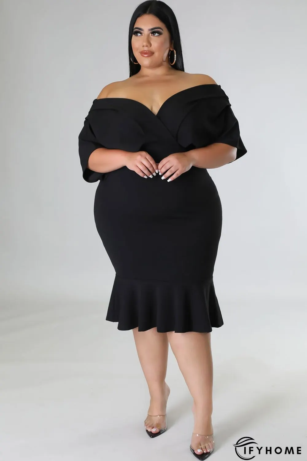 Black Plus Size Pleated V Neck Ruffle Hem Bodycon Dress | IFYHOME
