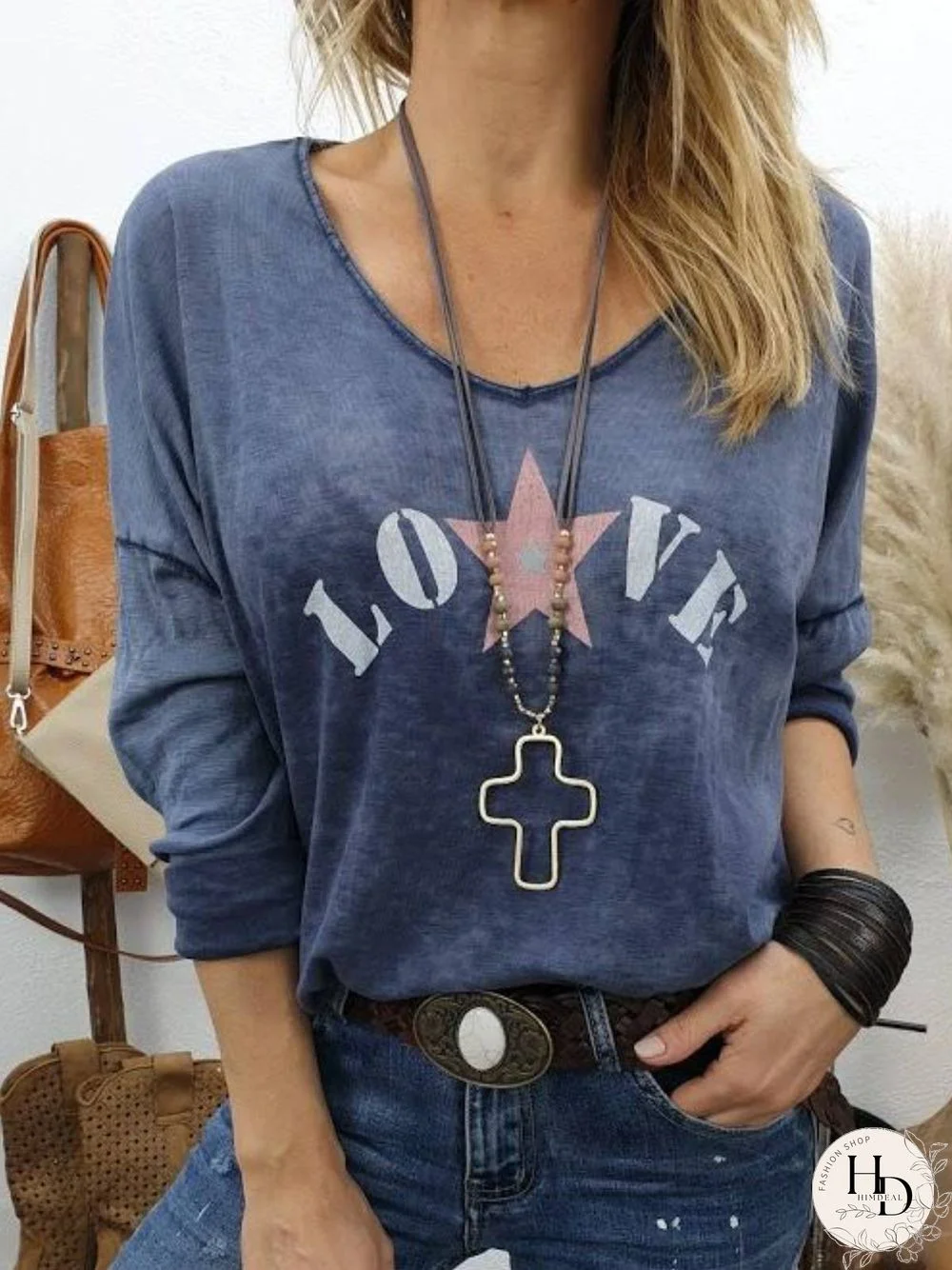 Letter Printed V Neck Casual Star Tops