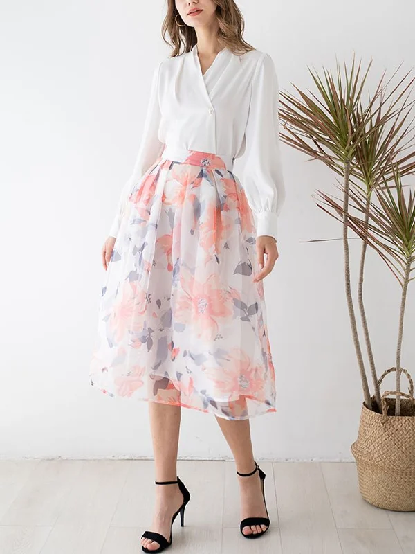 Solid Color Long Sleeve Top Print Skirt Set