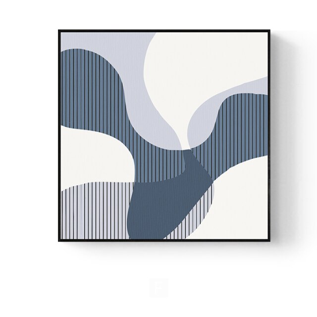 Minimalist Blue Color Block Line Poster Nordic Letter Flower Abstract Geometry Canvas Painting Wall Art Picture for Living Room