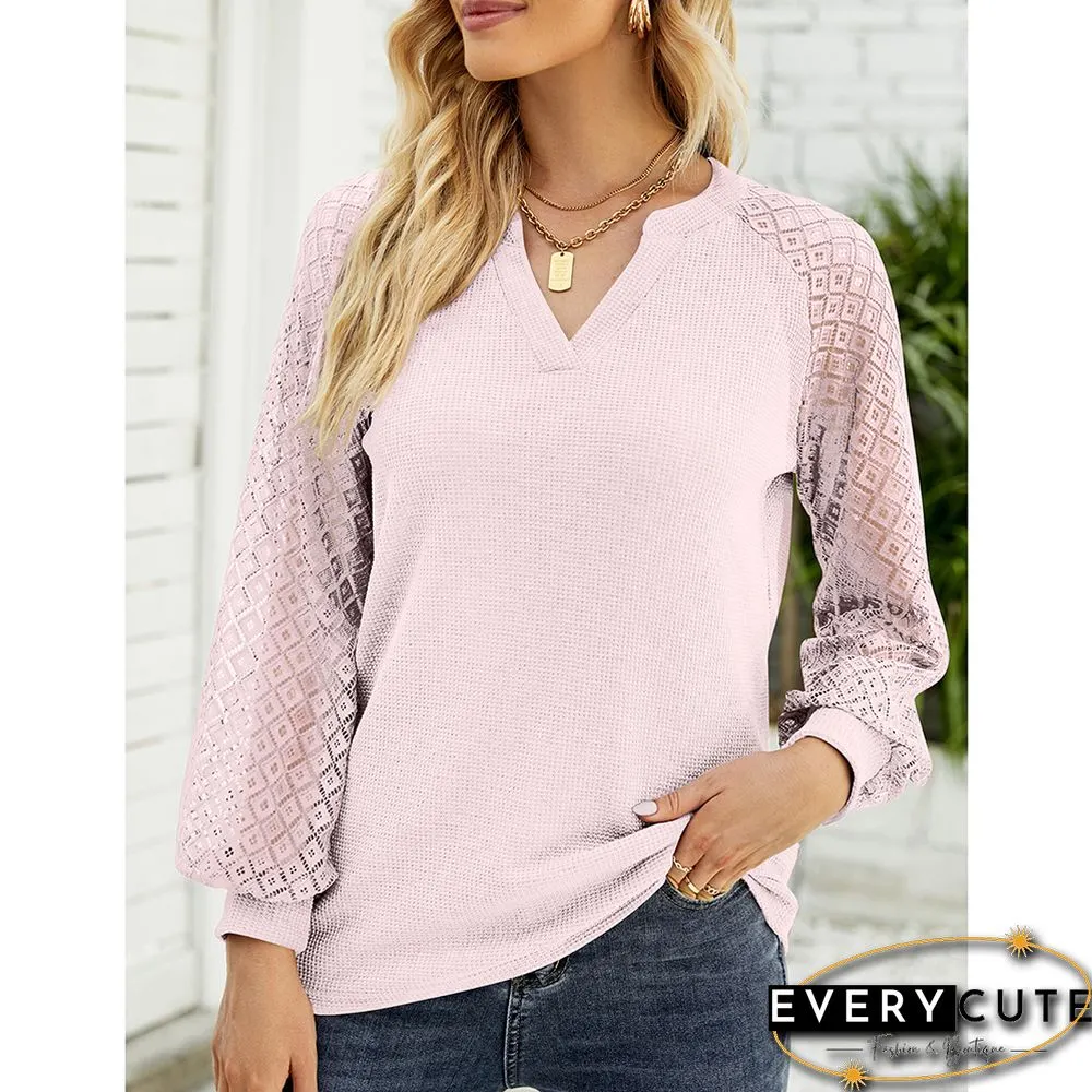 Pink Splicing Lace Long Sleeve V Neck Tops