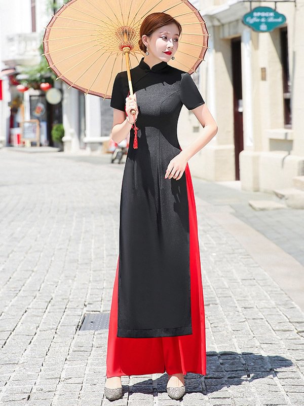 Ao Dai Short Sleeve Long Cheongsams&Wide-Leg Pants Sets