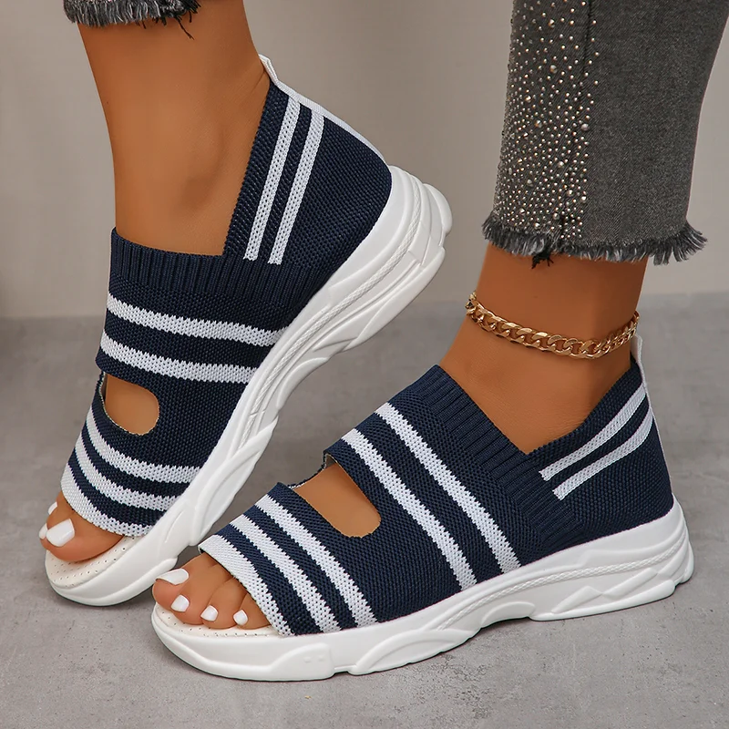 Breakj Stripe Knitted Wedge Sandals Women 2024 Cover Heels Platform Sandles Woman Plus Size Summer Thick Sole Beach Sandalias