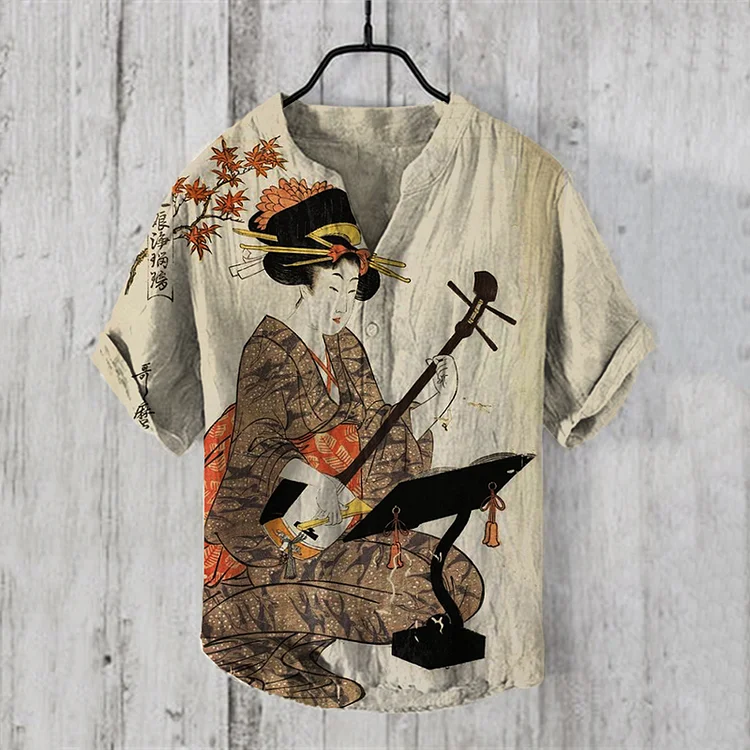 Men's Vintage Geishas Japanese Art Art Linen Blend Shirt