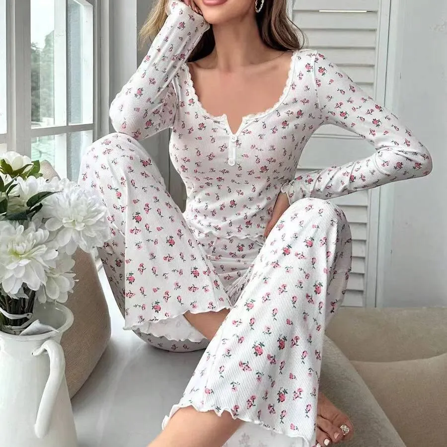 Churchf Hot New Pyjamas V-Neck Casual Fashion Elastic Trousers Women's Long-Sleeved Homewear