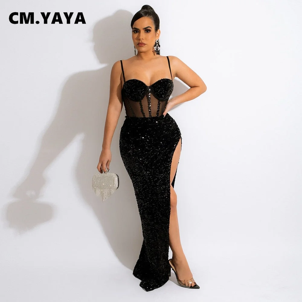 CM.YAYA Women Mesh Patchwork High Side Split Sequin Bodycon Midi Backless Maxi Long Dress Sexy Night Party Spaghetti Strap Dress