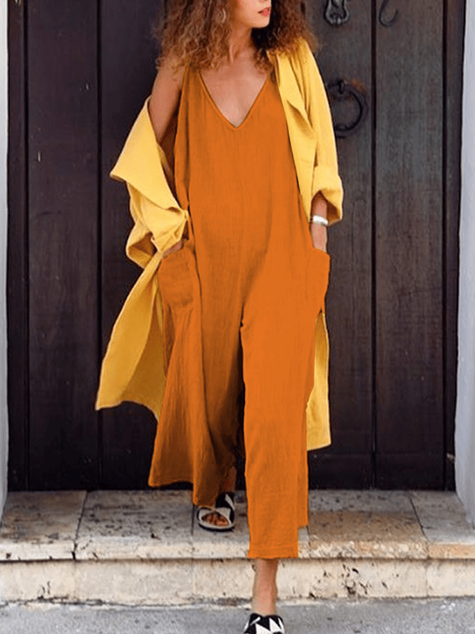 Women's Solid Color Pocket V-neck Sleeveless Cotton Linen Suspender Jumpsuit