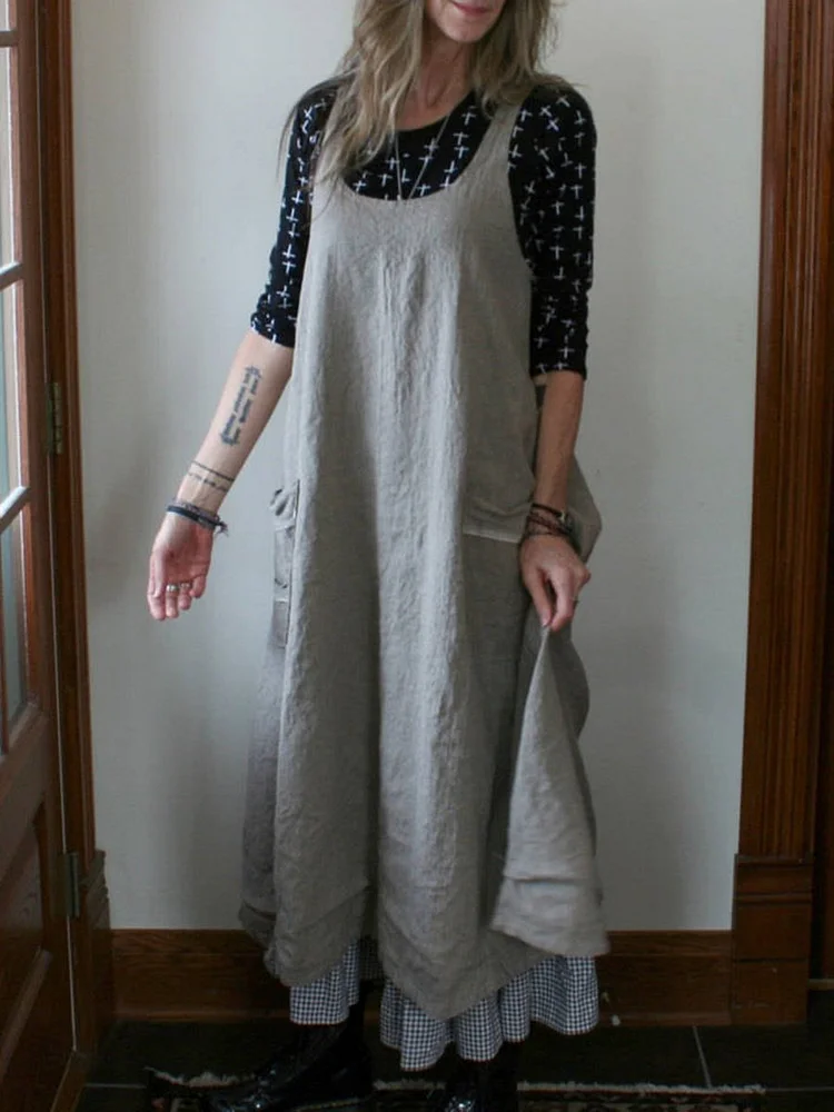Solid color cotton and linen strap long dress-Mayoulove