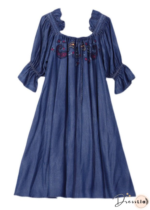 Vintage Blue Square Collar Embroideried Floral Ruffled Patchwork Long Dresses Half Sleeve