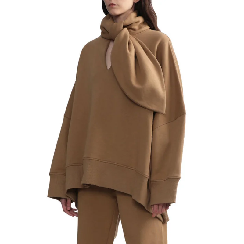 Woherb Woherb Personality Style 2024 Autumn Scarf Collar Silhouette Loose Long Sleeves Irregular Versatile New Hoodie Women-Outfit Ideas
