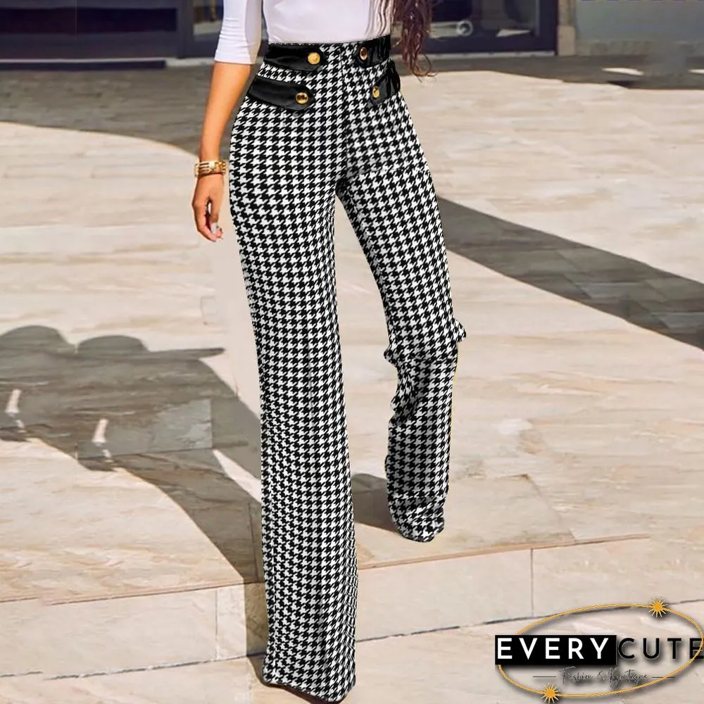 Womens Buttoned High Waist Wide Leg Tailored Pants Spring Casual Ladies Plaid Long Pencil