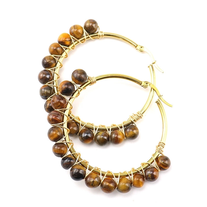 1 Pair Retro Minimalist Round Beaded Plating Natural Stone Copper Hoop Earrings