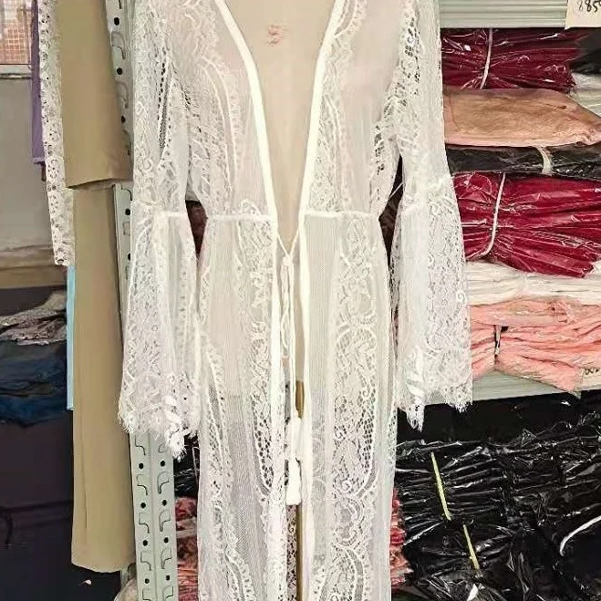 Uveng Uveng Women's New Lace Tied Rope Sexy Perspective Cardigan Bikini Beach Sunscreen Long Smock Sand