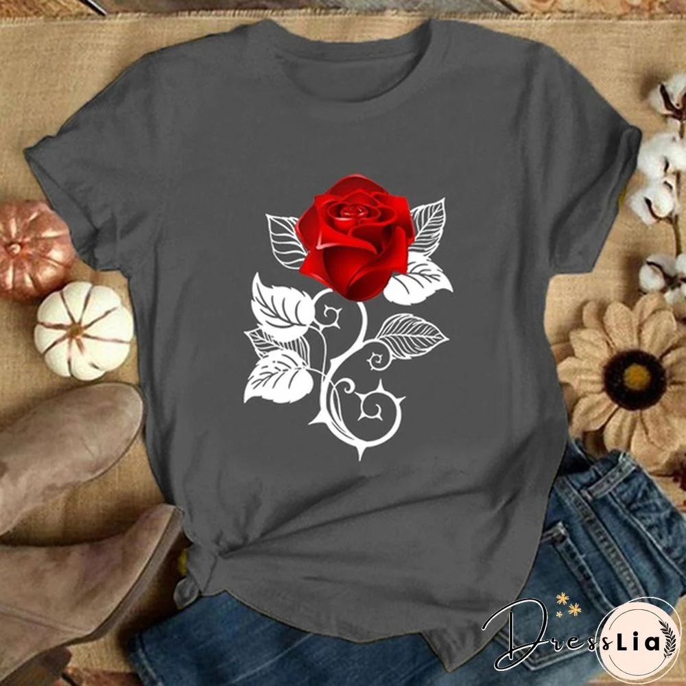 Girls and Women's Fashion Red Rose Printed T-Shirt Cute Graphic Tee Shirt Ladies Summer T-shirts Casual Plus Size Tops Flower T Shirts