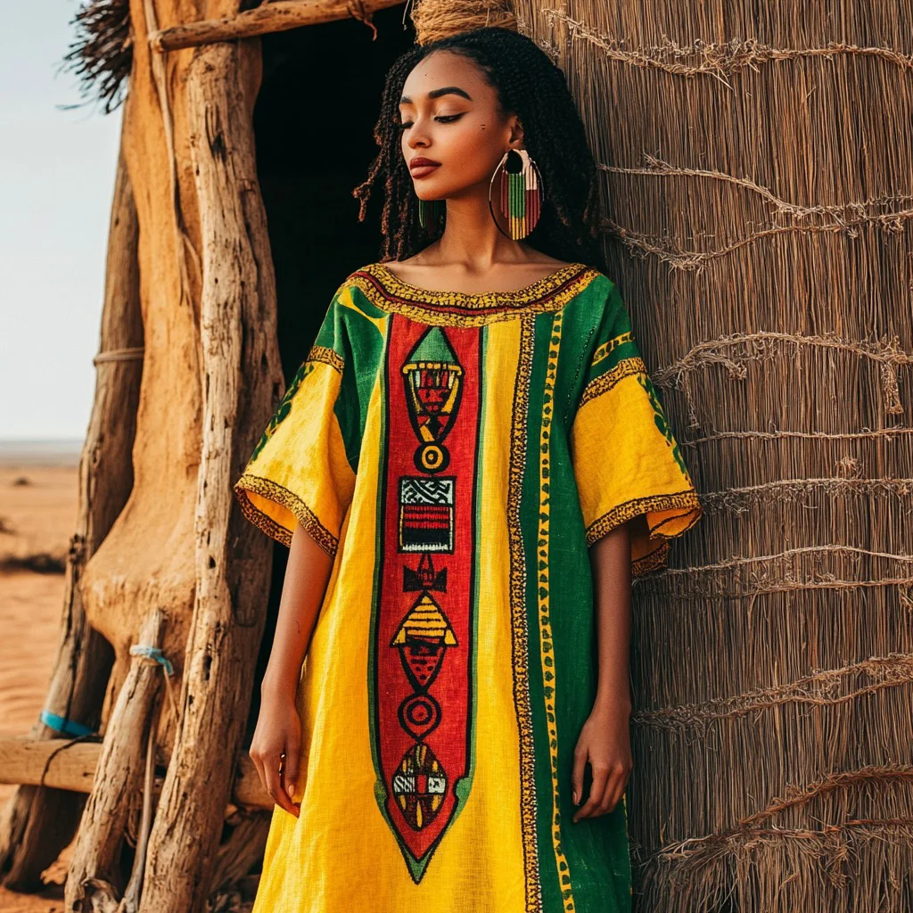 Vintage Tribal African Geometry Lace Art Print Linen Dress