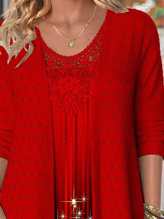 Women Long Sleeve Scoop Neck Snowman Snowflake Printed Printed Graphic Lace Two-Pieced Tops