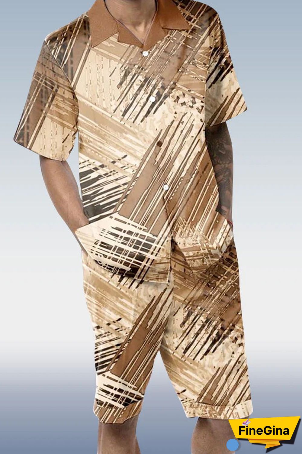 Black White Two Piece Short Sleeve Print Walking Suit Set With Shorts