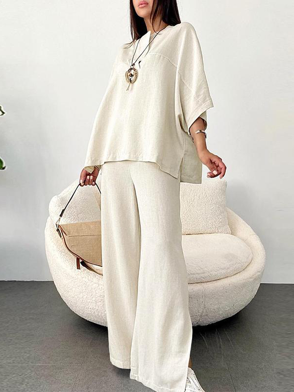Loose Short Sleeve Top And Split Wide Leg Pants Two-Piece Set