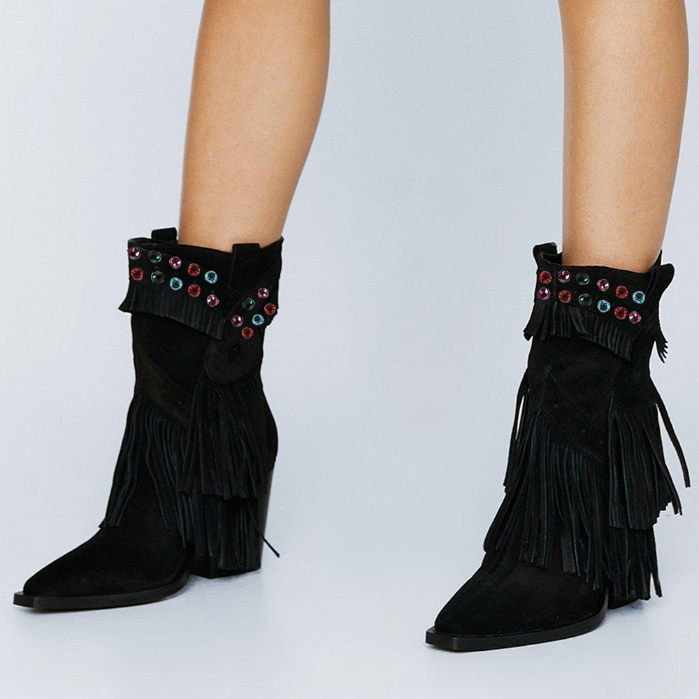 Black Faux Suede Western Ankle Boots With Tassel Low Chunky Heels Boots