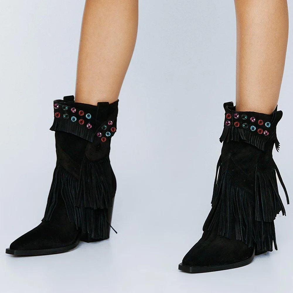 Black Suede Ankle Boots With Tassel Low Chunky Heels Boots Nicepairs