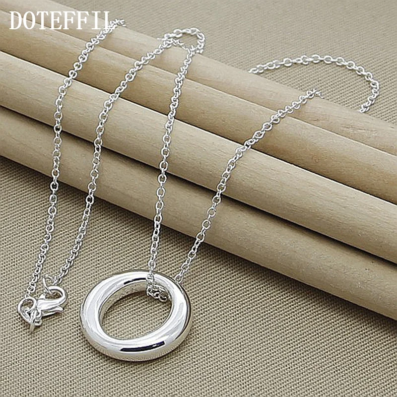 DOTEFFIL 925 Sterling Silver Round Circle Smooth Pendant Necklace 18 Inch Chain For Women Jewelry