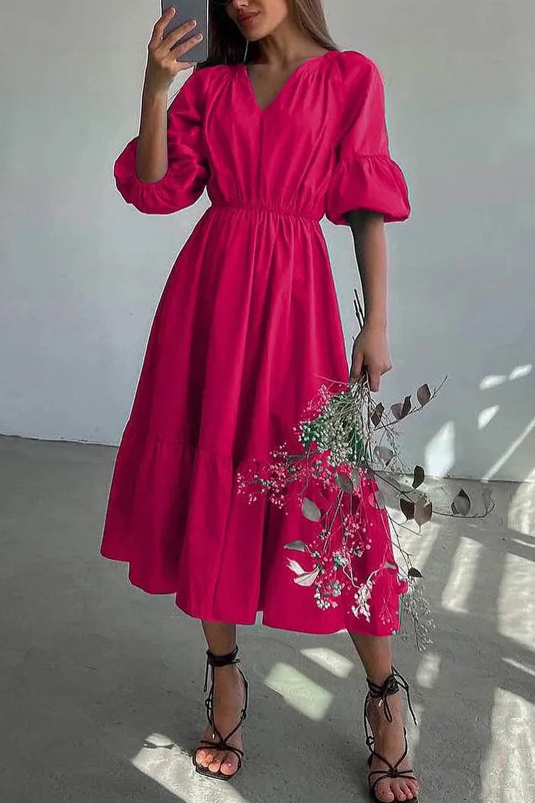 Half Sleeve V Neck High Waist Midi Dress