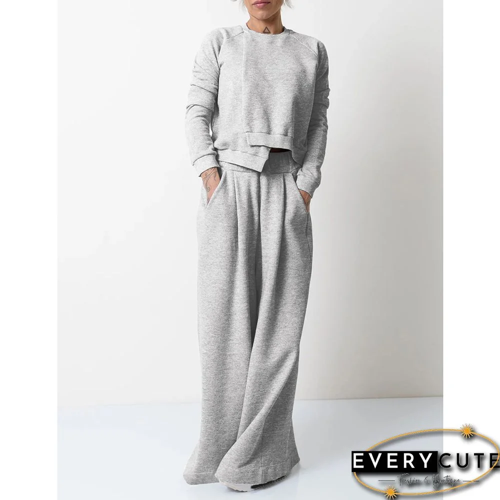 Light Gray Irregular Sweatshirt with Wide Leg Casual Pant Set