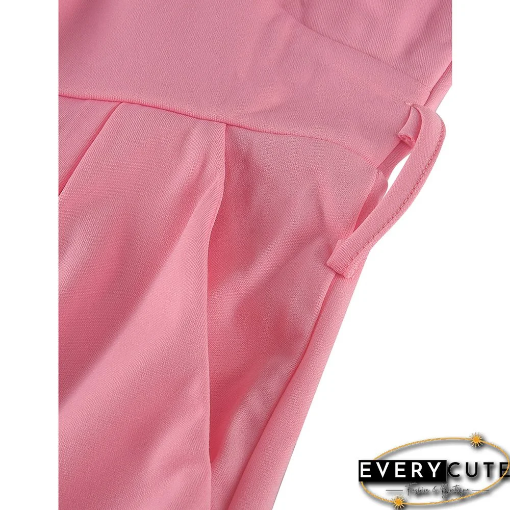 Pink Ruffle One Shoulder Sleeveless V Neck Jumpsuit