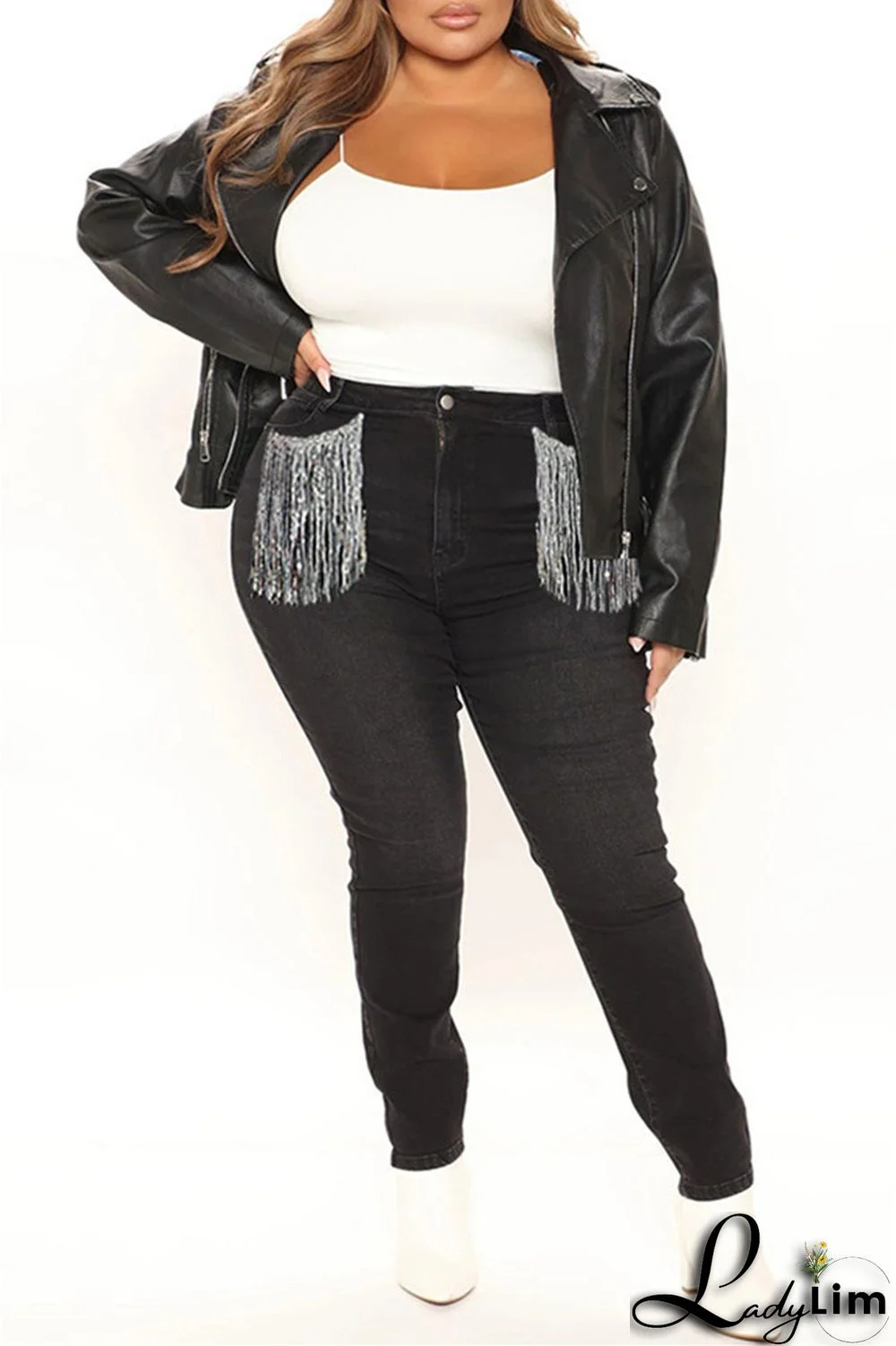 Light Blue Fashion Casual Solid Tassel Patchwork Mid Waist Skinny Denim Jeans