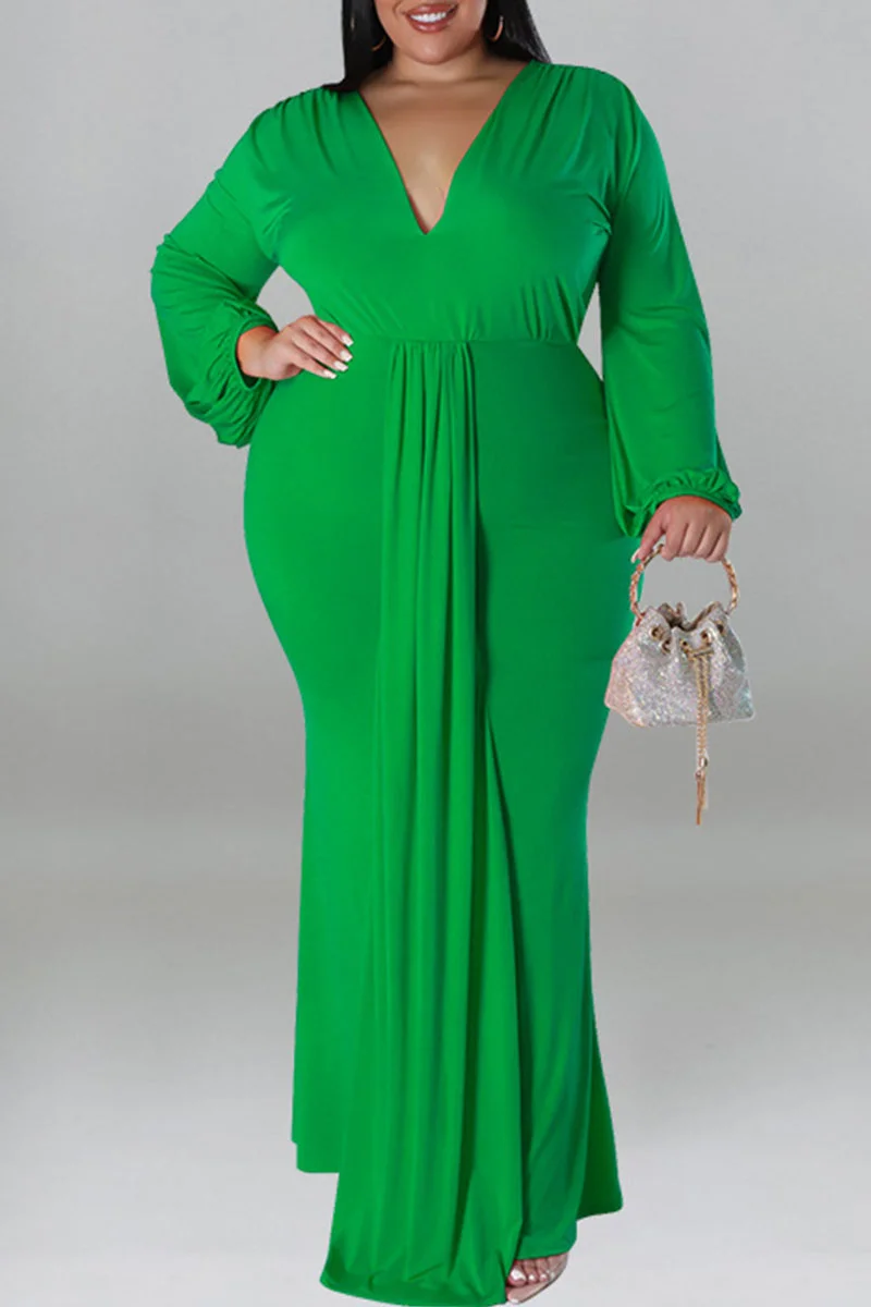 Green Elegant Solid Patchwork V Neck Long Sleeve Plus Size Dresses | EGEMISS