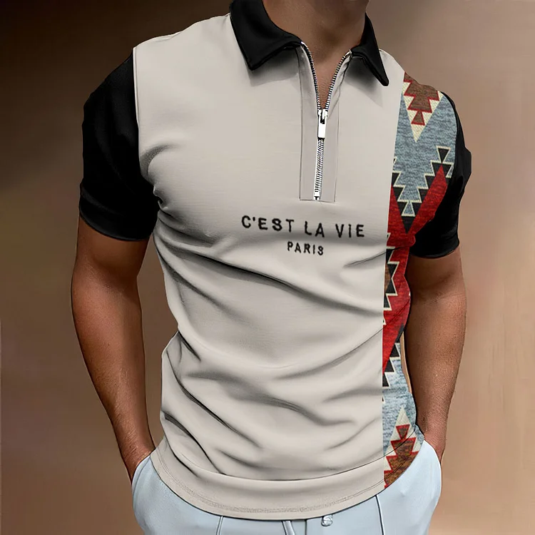 BrosWear Men's Vintage Geometric C‘est La Vie Pattern Polo Shirt