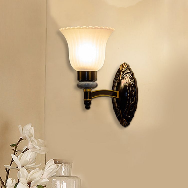 Country Bell Wall Mount Light Fixture 1/2-Light Frosted Glass Sconce Lighting in Black