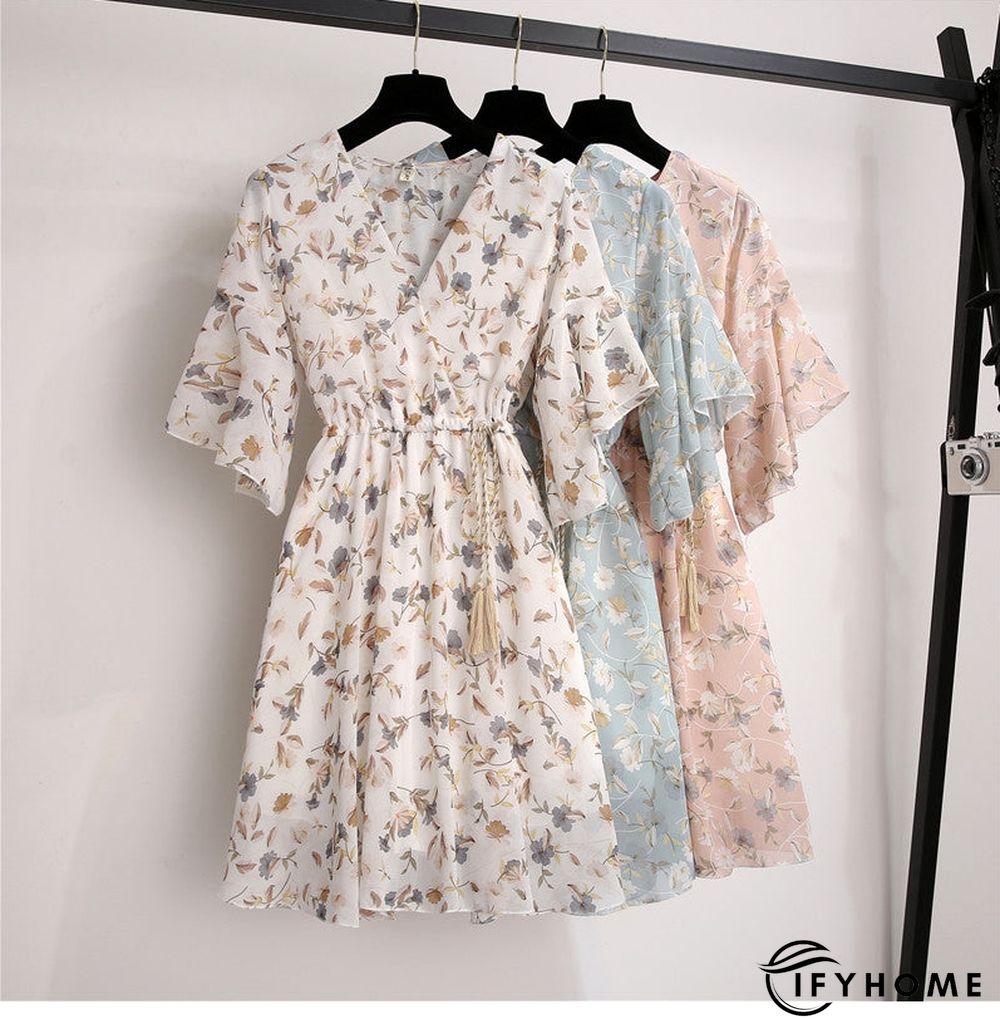 Spring Summer Chiffon Women V-Neck Floral Print Short Dresses Sweet Ruffle Sleeeve Slim Drawstring Ladies Dress | IFYHOME