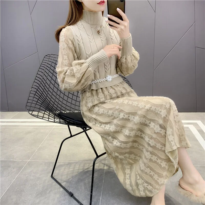 Room 192495 5 5 row 2 lower] real shot half high collar medium length lace dress 86